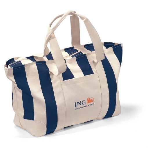 Large Striped Canvas Tote - Navy Blue