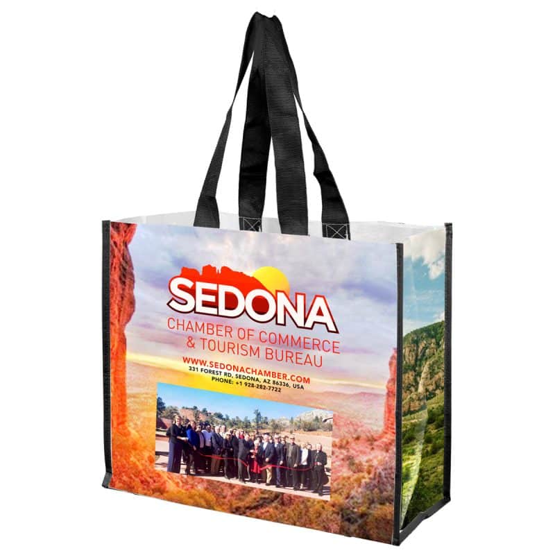 Custom 17"W x 14"H x 8"Gusset - "WENDY" Full Color Laminated Woven Wrap Tote and Shopping Bag with logo