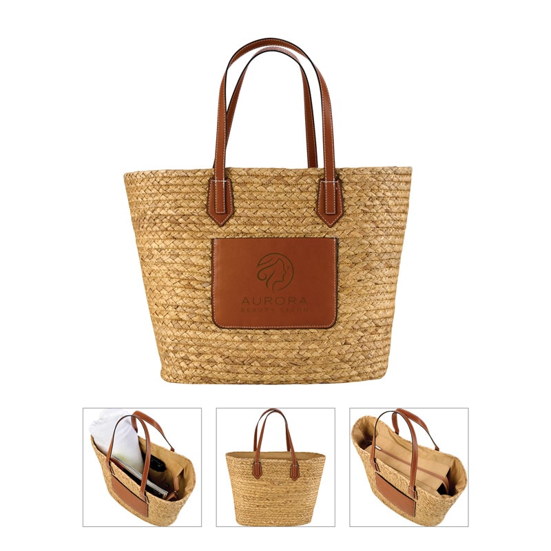 Custom Akena Natural Hyacinth Grass Tote with logo