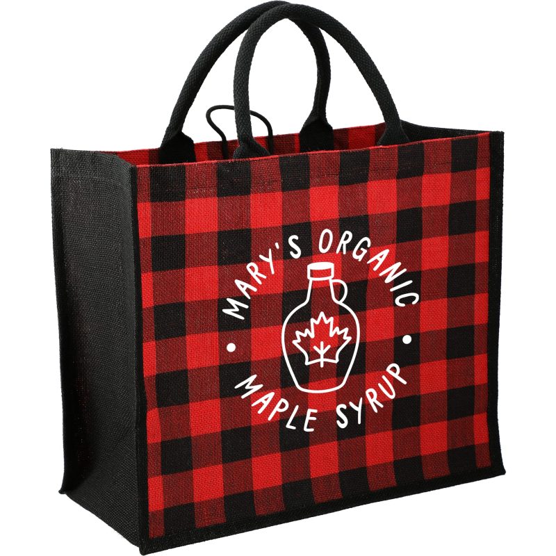Custom Buffalo Plaid Printed Jute Tote with logo - 3