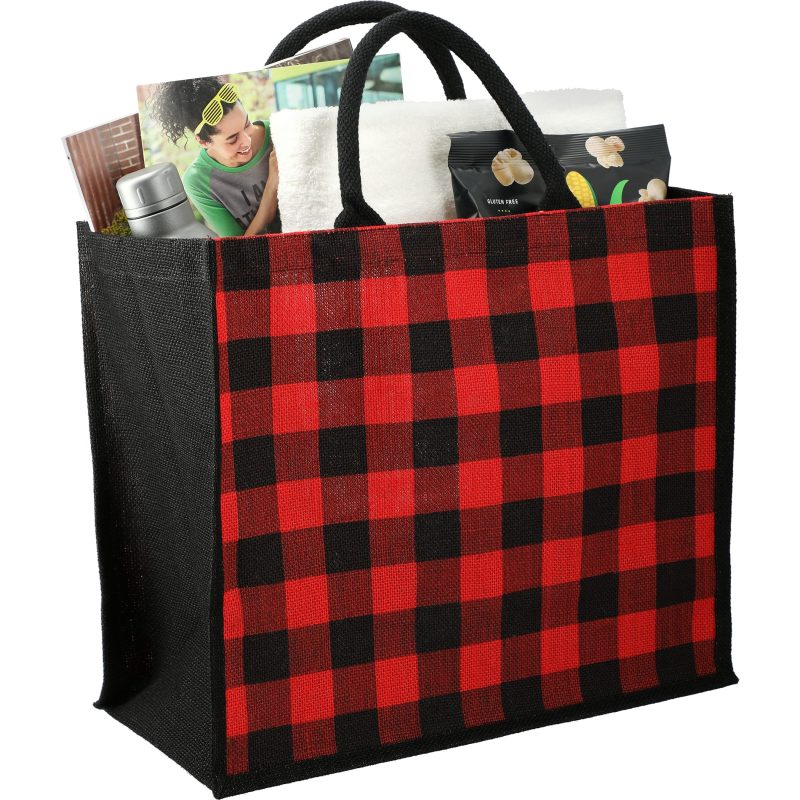 Custom Buffalo Plaid Printed Jute Tote with logo - 5