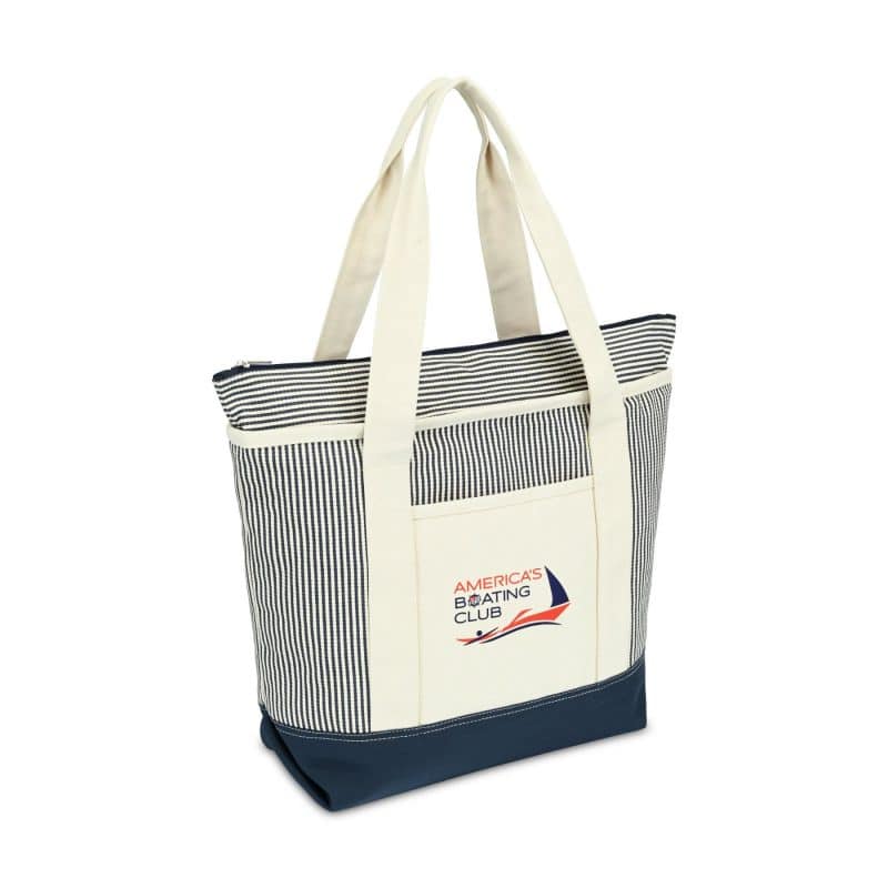 Custom Newport Cotton Zippered Tote - Navy-Natural Stripe with logo - 2