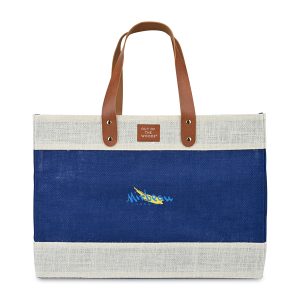 Custom Out of the Woods Jute Market Tote - Navy Blue with logo
