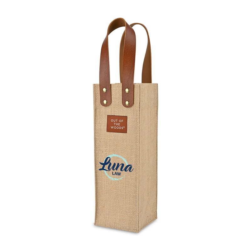 Custom Out of the Woods Jute Wine Tote - Natural with logo - 2