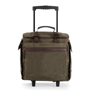 Custom Somm 12 Bottle Wine Tote with wheels- Khaki/Brown with logo