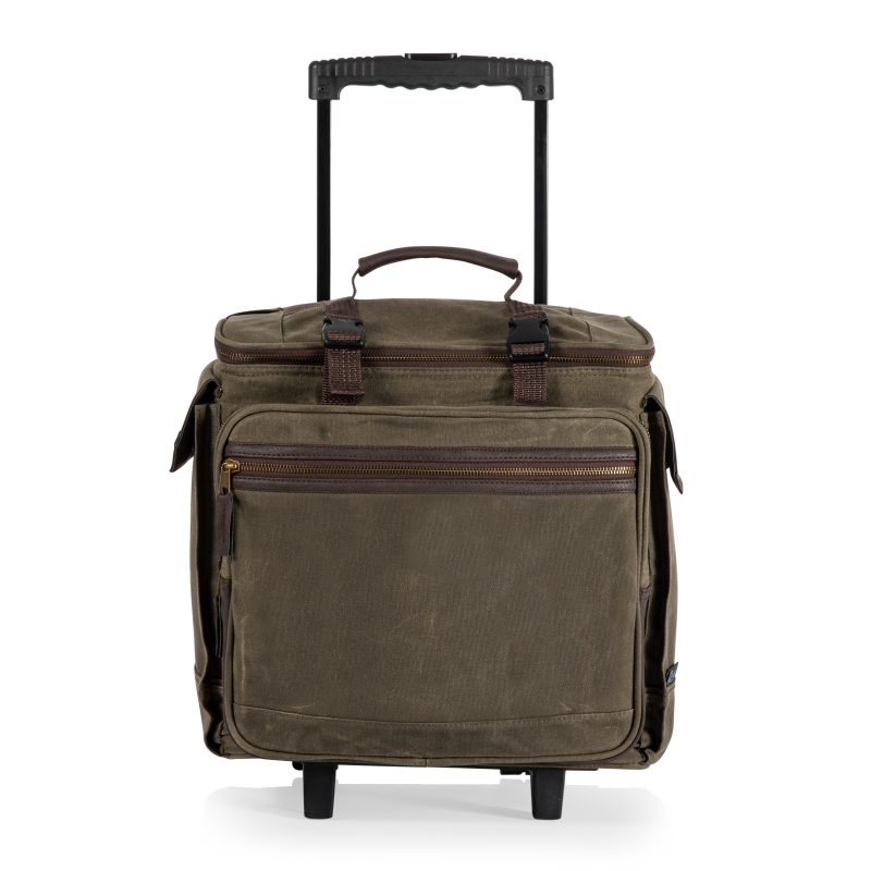 Custom Somm 12 Bottle Wine Tote with wheels- Khaki/Brown with logo